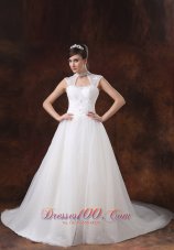 High Neckline White Organza Appliques Decorate Wedding Dress