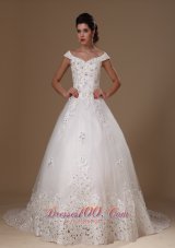 Off Shoulder A-line Appliques Tulle Church Court Train 2013 New Styles Wedding Dress For Custom Made