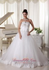 Satin and Tulle Strapless Beaded Decorate Up Bodice Wedding Dress Bridal Gown With Bowknot Back Sweep Train