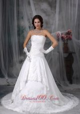 Perfect A-line Strapless Court Train Lace Wedding Dress