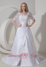 Custom Made A-line Scoop Low Cost Wedding Dress Satin Lace Chapel Train