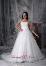 Classical A-line One Shoulder Wedding Dress Tulle Hand Made Flowers and Beading Watteau Train