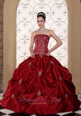 Embroidery In Wine Red Taffeta Pick-ups Strapless Modest Quinceanera Dress in New York