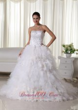 Beautiful A-line Strapless Chapel Train Satin and Organza Embroidery Wedding Dress