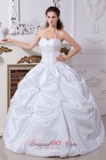 White Ball Gown Halter Embroidery Quinceanera Dress Floor-length Taffeta