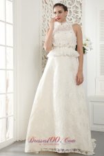Popular A-line High-neck Brush Train Lace Beading and Ruch Wedding Dress