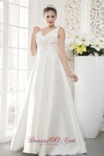 Brand New A-line / Princess V-neck Floor-length Satin Beading Wedding Dress
