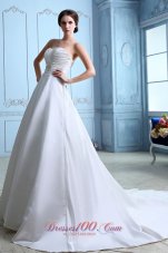 Unique A-line Sweetheart Ruch and Beading Low Cost Wedding Dress Court Train Satin