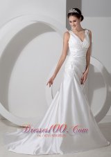 Sweet Column V-neck Court Train Satin Ruch and Appliques Wedding Dress