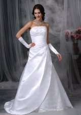 Satin Embroidery Over Bodice A-line Wedding Dress With Court Train