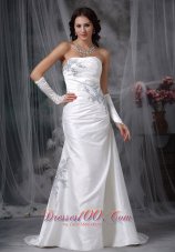 Affordable A-line Strapless Brush Train Taffeta Appliques and Ruch Wedding Dress