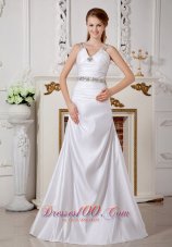 Exclusive Wedding Dress A-line V-neck Beading Brush Train Satin