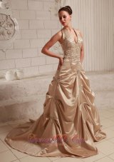 Halter Taffeta Champagne Appliques With Beading Custom Made Wedding Dress With Court Train