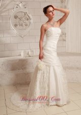 Hand Made Flower and Ruch A-line Customize Wedding Dress With Court Train Taffeta and Lace