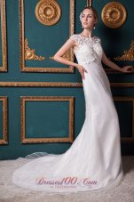 Beautiful Column Scoop Chapel Train Organza Lace Wedding Dress