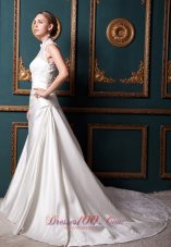 Modest A-line High-neck Chapel Train Taffeta Lace Wedding Dress