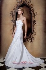 Simple A-line Spaghetti Straps Court Train Taffeta Ruch Wedding Dress