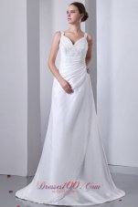 Elegant A-line Straps Wedding Dress Ruch and Beading Court Train Satin