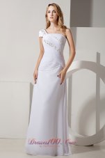 Simple Column One Shoulder Floor-length Chiffon Ruch and Beading Wedding Dress
