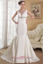 Elegant Mermaid V-neck Court Train Satin Beading Wedding Dress