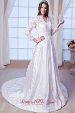 Luxurious A-line V-neck Chapel Train Satin Lace and Appliques Wedding Dress