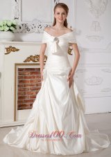Luxurious A-line Wedding Dress Off The Shoulder Beading Court Train Taffeta