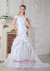 Elegant A-line Off The Shoulder Wedding Dress Court Train Taffeta Hand Made Flowers