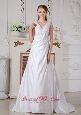 Affordable Wedding Dress A-line V-neck Hand Made Flowers Court Train Satin