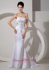 Discount Mermaid Strapless Wedding Dress Brush Train Satin Embroidery and Ruch