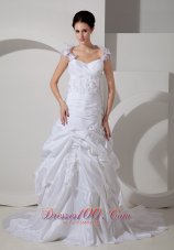 Customize Wedding Dress A-line Square Hand Made Flowers Court Train Taffeta