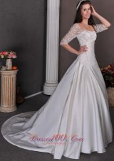 Gorgeous Wedding Dress A-line Square Appliques and Beading Chapel Train Satin
