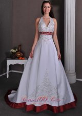 Luxurious A-line Halter Chapel Train Satin Appliques With Beading Wedding Dress