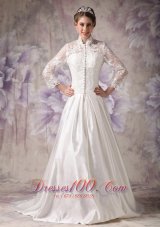 Custom Made Wedding Dress Ivory A-line High-neck Court Train Satin Lace