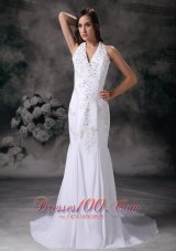 Elegant Mermaid Halter Wedding Dress Chiffon Embroidery With Beading Court Train
