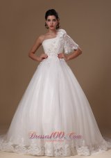 Ball Gown One Shoulder Court Train One Sleeve Tulle Wedding Dress For Custom Made In 2013