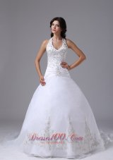 Halter Ball Gown Wedding Dress Embroidery Decorate Bodice Custom Made Brush Train