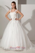 Sweet A-line Straps Court Train Tulle and Taffeta Appliques Wedding Dress