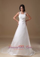 Beautiful A-line Square Court Train Taffeta and Lace Beading Wedding Dress