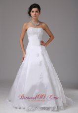 A-line Romantic Wedding Dress With Lace Strapless Brush Train