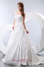 Luxurious A-line One Shoulder Low Cost Wedding Dress Chapel Train Taffeta Appliques and Ruch