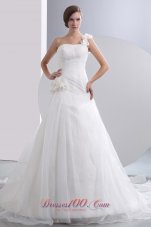 Simple A-line One Shoulder Low Cost Wedding Dress Chapel Train Taffeta and Organza Hand Made Flowers Ruch