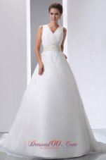 Simple A-line V-neck Court Train Low Cost Wedding Dress Satin and Organza Beading and Ruch