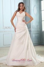 Brand New A-line V-neck Ruch and Appliques Plus Size Wedding Dress Court Train Taffeta