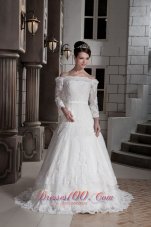 Lovely A-line / Princess Off The Shoulder Brush Train Tulle Appliques Wedding Dress