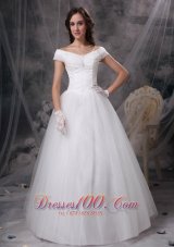 Beautiful A-line Off The Shoulder Floor-length Appliques Satin and Tulle Wedding Dress
