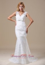 V-neck Sash and Lace Over Skirt For Wedding Dress With Mermaid Brush Train