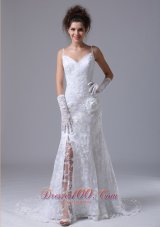 Lace Spaghetti Strap Column Garden / Outdoor Fitted Wedding Dress For 2013