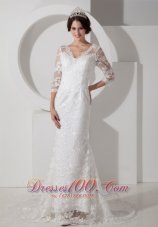 Low Price Mermaid V-neck Lace Wedding Dress Brush Train