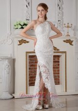 Perfect Column One Shoulder Lace Wedding Dress Brush Train