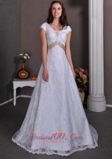 Pretty A-line V-neck Wedding Dress Taffeta and Lace Beading Court Train